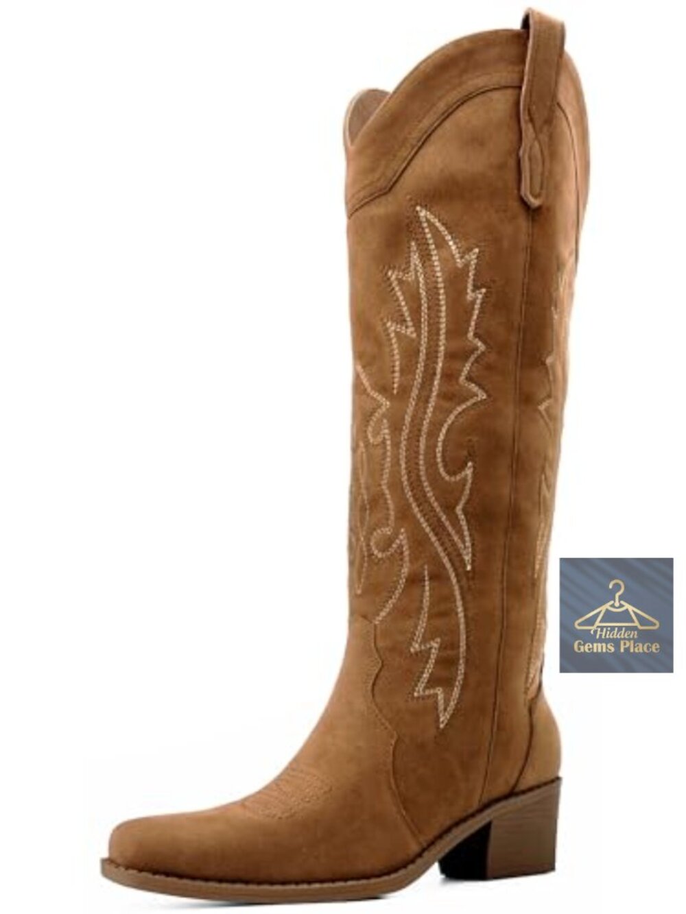 Knee High Cowgirl Boots Womens Wide Calf Square Toe Chunky Heel Embroidered